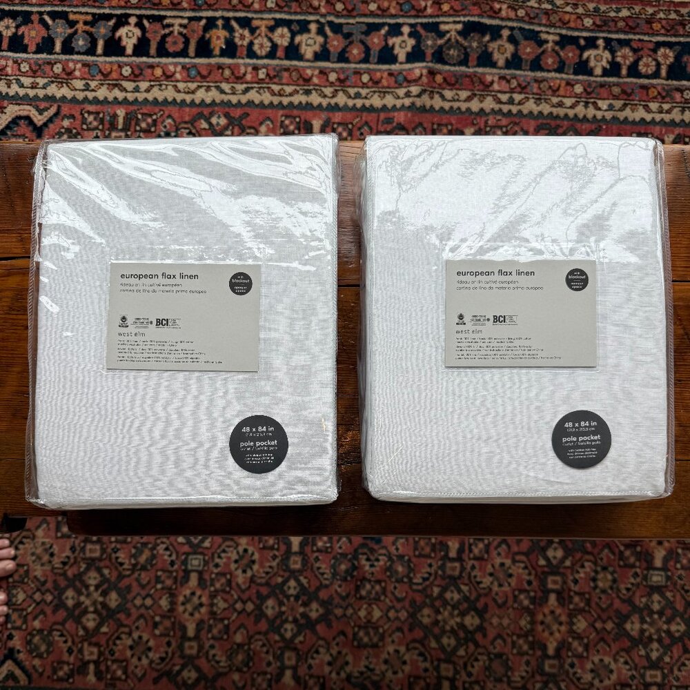 West Elm European Flax Linen Curtains - White with Blackout 48x84